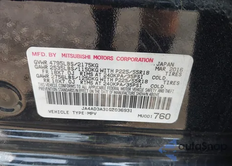 2016 Mitsubishi Outlander Se/Sel from USA, damaged, VIN JA4AD3A31GZ036931